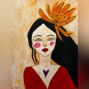 Original art abstract painting of woman with large lotus flower
